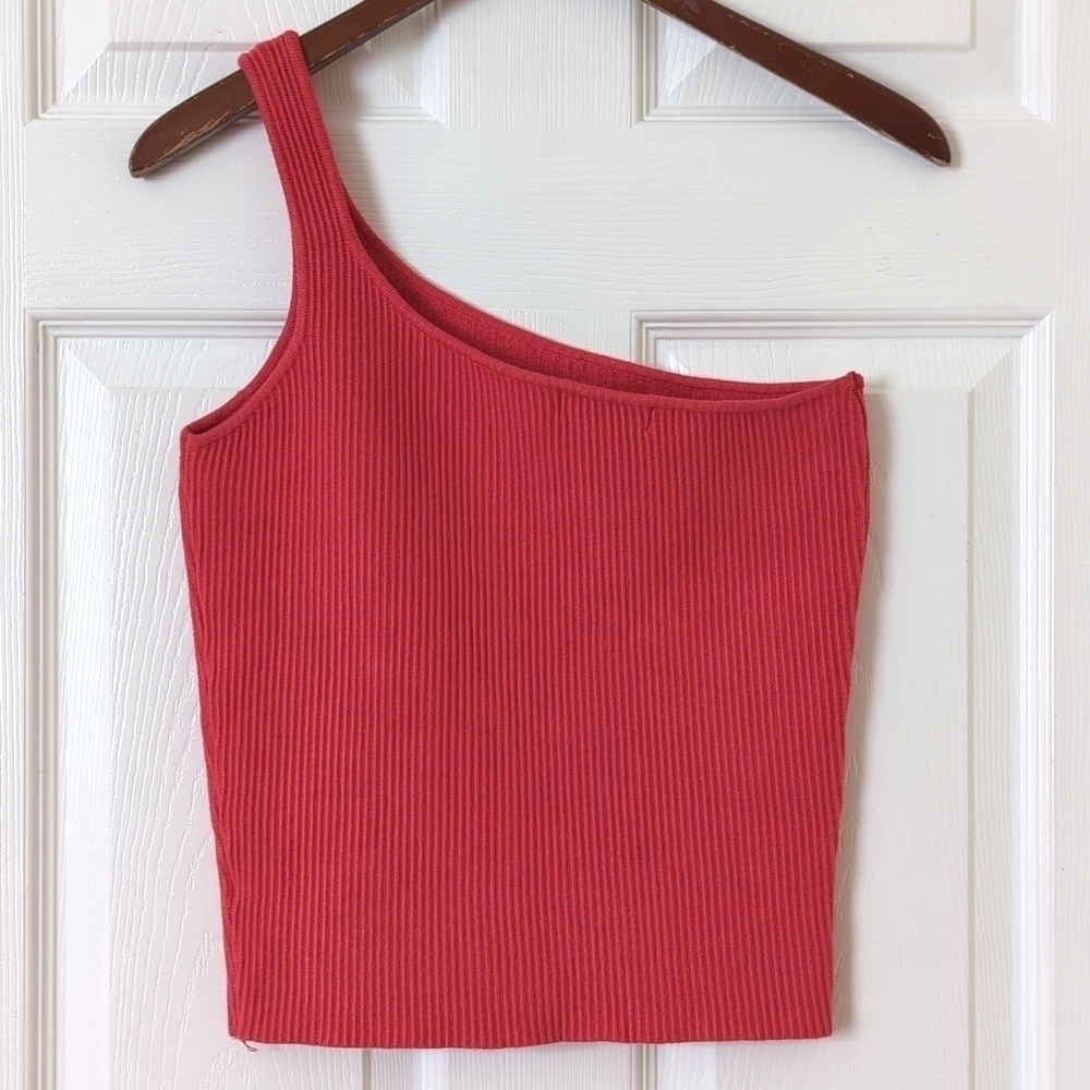House Of Harlow 1960 Ribbed Knit One Shoulder Cropped Tank Top Coral Red Medium - Picture 8 of 9